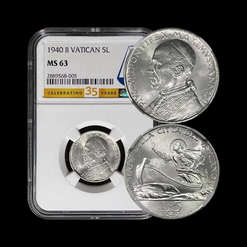 1940 VATICAN CITY  5 Lire Silver - NGC MS63 - PIUS XII