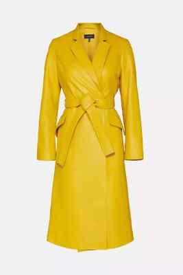 Trench Coat Lambskin Designer Stylish Women's Leather Long Winter Yellow Party