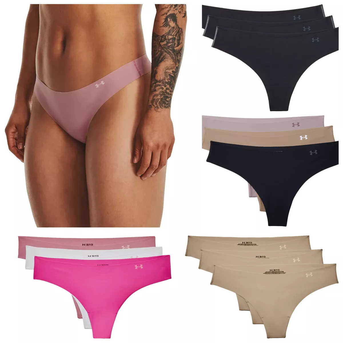 2024 Under Armour Ladies Pure Stretch Thong Underwear 3-Pack Soft Invisible  Fit