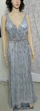 MAC DUGGAL Sz 4 Blue  Sequin Beaded Waist V-Neck Plunge Train Gown NWT