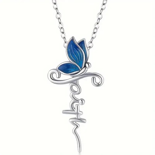 Blue Butterfly Cross Faith Silver Pendant Necklace Religious Gift - Picture 2 of 4