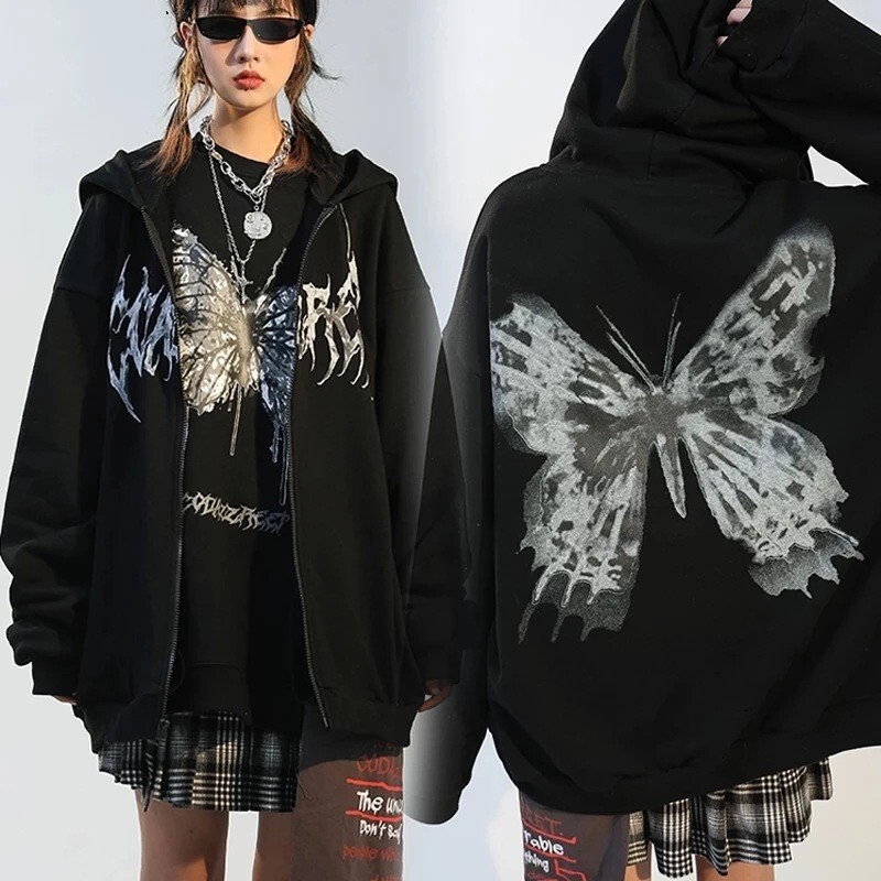 Women Men Butterfly Style Y2K Grunge Emo Goth REPRINT Zip Up