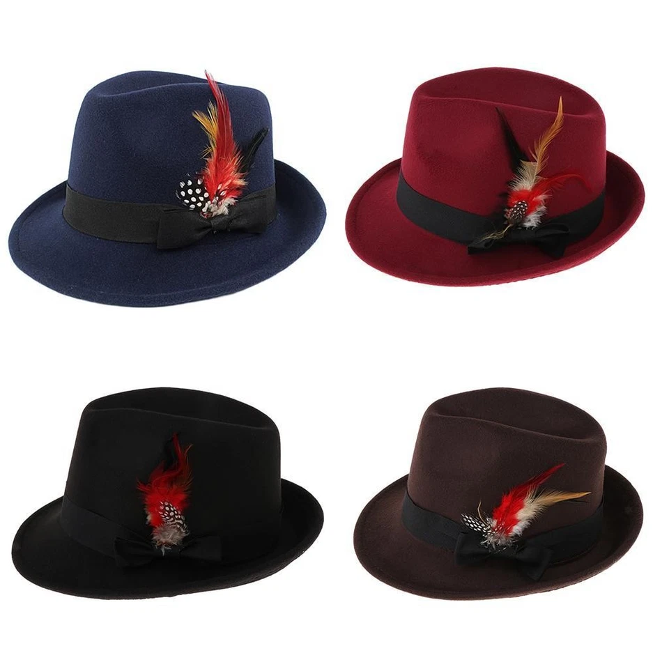 Chapeau De Plumes De Bowknot En Feutre De Laine De Fedora Hat Pour Hommes - Photo 1/1