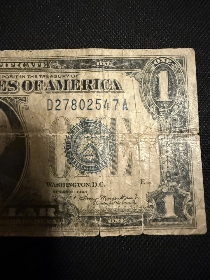 Funnyback Blue Seal Silver Certificate One Dollar Note $1 Banknote 1934 Bill - Image 4 of 4