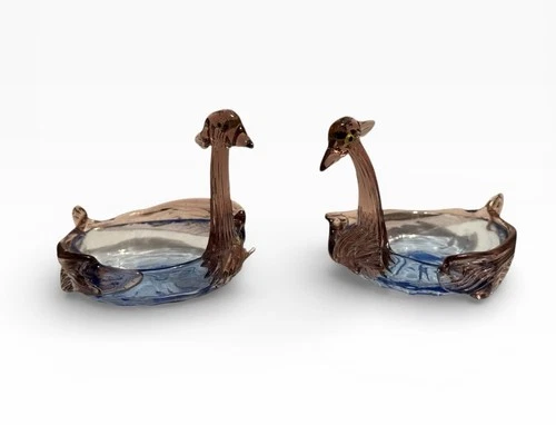 Vintage Hand Blown Art Glass Swan Bowls Pair Murano Style Trinket Dishes