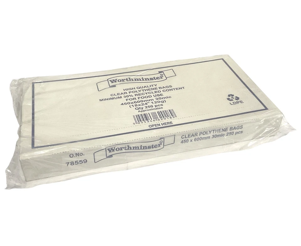 FOOD GRADE BOXED WORTHMINSTER 250pcs CLEAR POLYTHENE BAGS 450mm x 600mm x 30 mic - Image 1 of 4