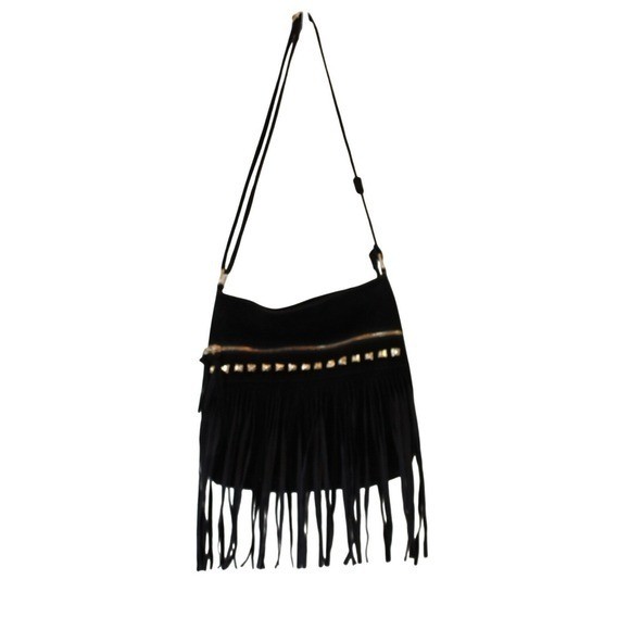 Black Fringe Crossbody Bag Boho Western Festival Tassel Faux Suede Studded