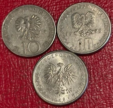 3-VRY NICE  1975/1978/1988 POLAND 10 ZLOTY ZLOTYCH COINS-NOV876