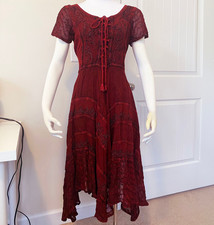 SAKKAS Sundara Midi Dress Womens S/M Red Embroidered Cap Sleeve Renaissance