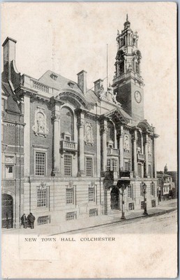 Colchester antike Postkarte New Town Hall Essex England Uhrturm Menschen