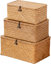 Set of 3 Seagrass Storage Baskets with Lids for Home Organization