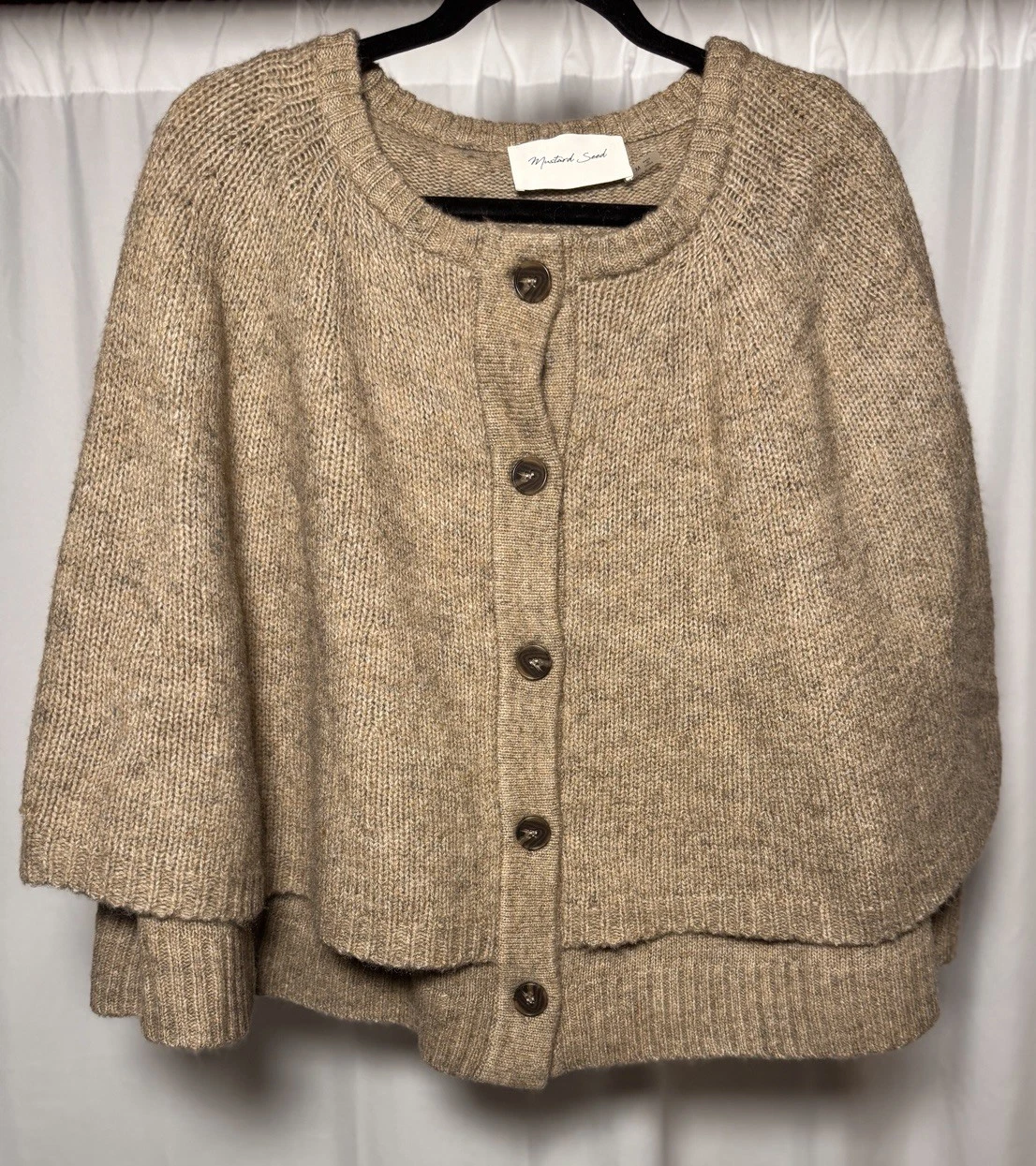 Mustard Seed Wool Blend Cape Poncho Tan Button Accent Womens Medium