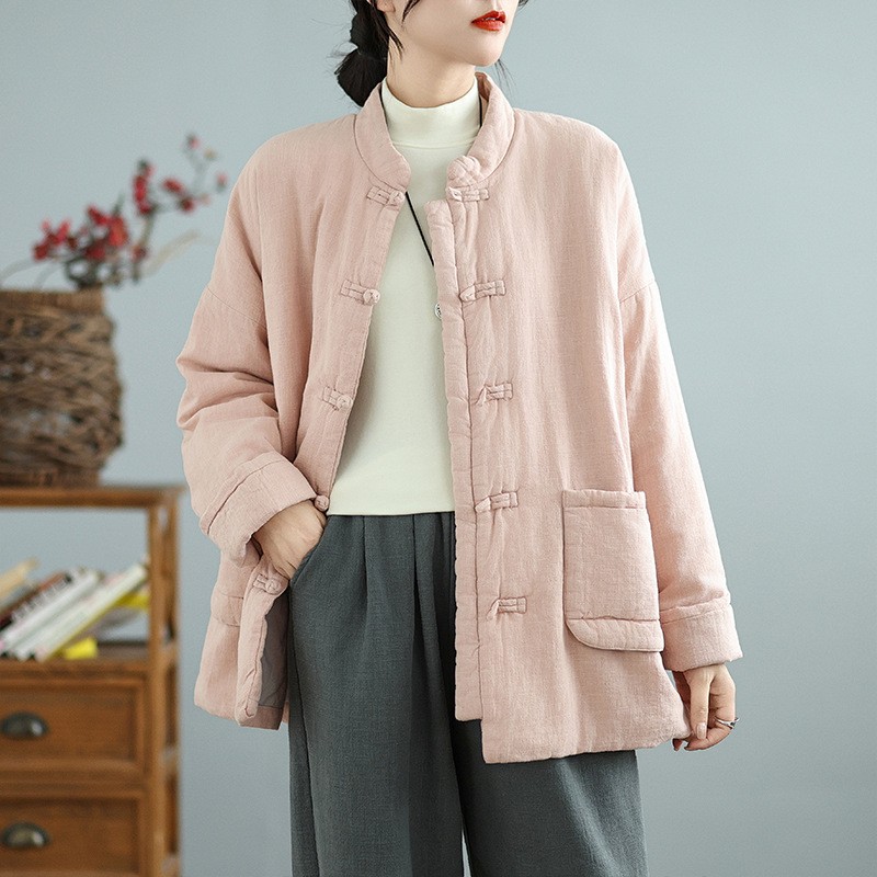 Chinese-style Padded Jacket Women's Buckle, Retro Jacket Padded Coat in Winter