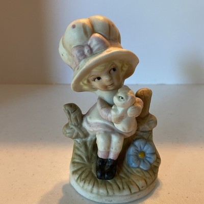 Homco Girl in Bonnet White Cat Porcelain Figurine Kitten Sitting On Fence