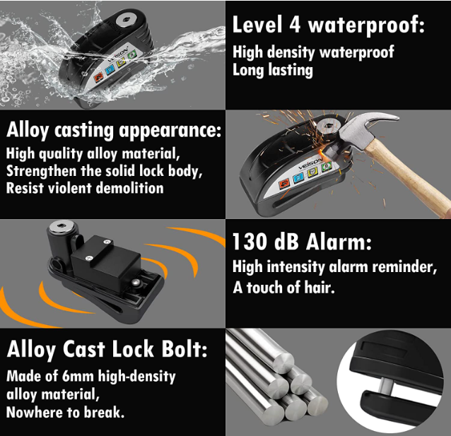 "Motorcycle AntiTheft Alarm System 130db Disc Lock for Ebike, Moped
