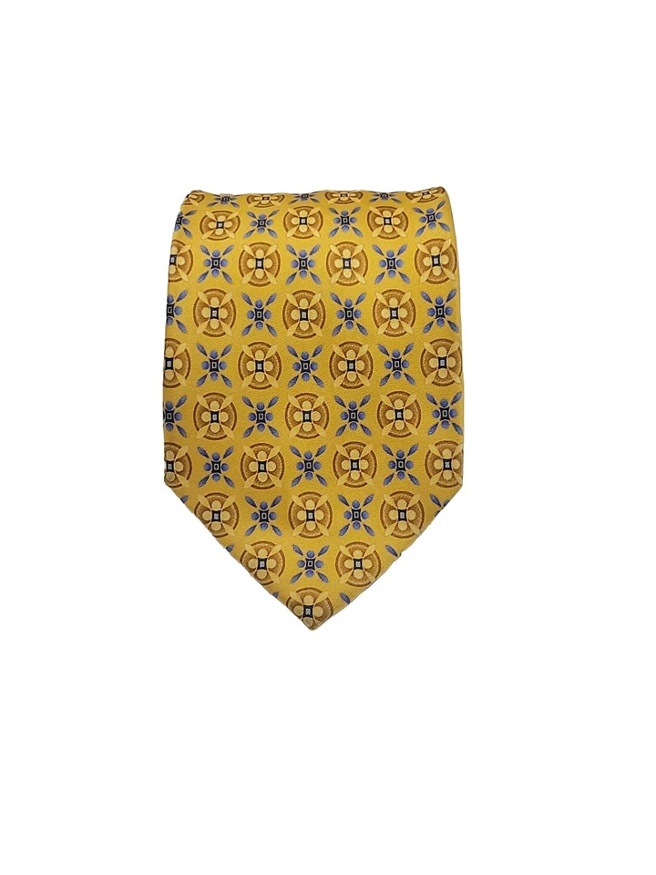 Clericci Mens Tie Yellow Blue Floral Medallion 100% Silk Necktie 60" x 3.75" - Image 3 of 4