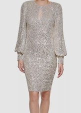 Eliza J Women's Silver Balloon Sleeve Sequin Sheath Dress Size 2