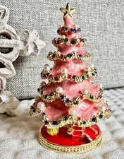 New Pink Christmas Tree Enamel Rhinestone Pearl Ring Jewelry Trinket Box - 3.5”
