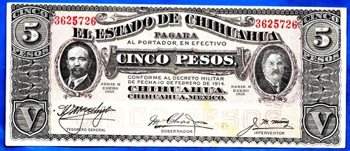 Mexiko-Revolutionär S532 5 Pesos Estado de Chihuahua Serie H 4.1.1915 ss selten