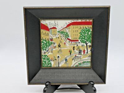 VTg Laszlo Hand Painted Tile Framed Italian City Scape in multi colors signed