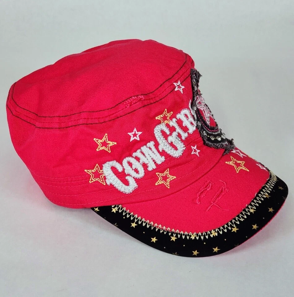 CowGirl Horseshoe Stars Cadet Hat Cow Girl Cap Pink Distressed Embroidered - Image 3 of 4