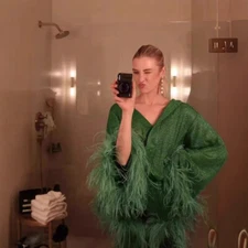 Women New Long Sleeve Feather Stand Up Collar Tops Fashion Casual Pants 2pcs Set