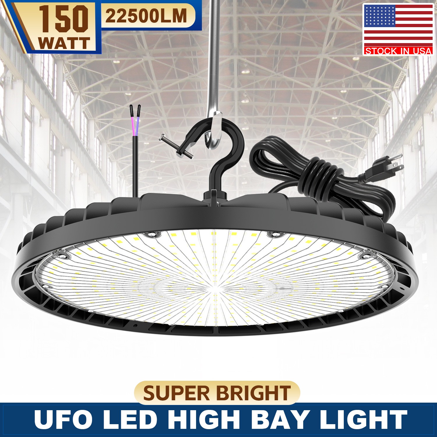 150W LED UFO High Bay Light 4500K/5000K/5700K Adjustable Commercial Shop Light