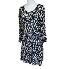 Vintage Carnival Dress Womens Medium Blue Floral Fit Flare 3/4 Sleeve Rayon Boho