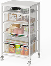 Utility Cart with 5 Drawers, Rolling Storage Cart with Wooden Tabletop and Locka