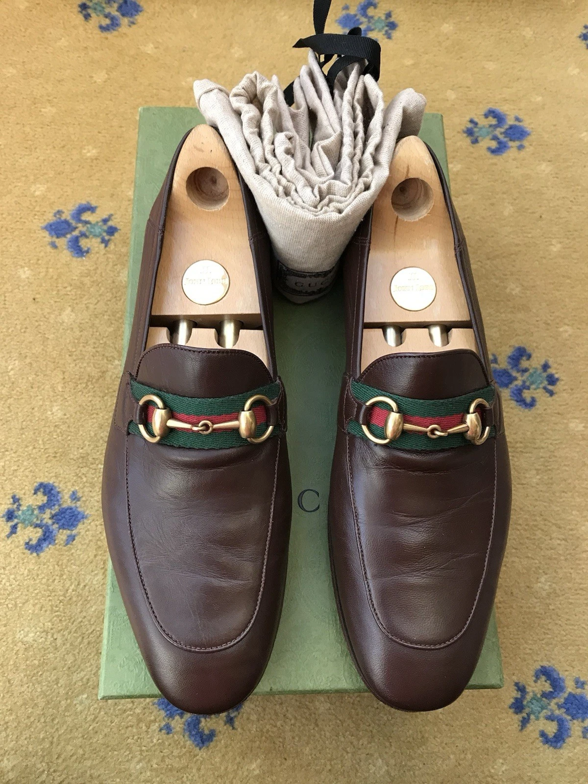 Mocassins Gucci chaussures Brixton cuir marron Horsebit Web vert homme UK 8 US 9 42