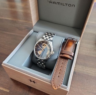 Hamilton Jazzmaster Open Heart Automatic Blue Men's Watch SS Bracelet & Leather