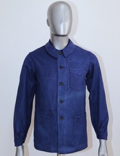 French 1950s Blue Cotton V-Pockets Work Chore Jacket SOLIDA Sz S Made in France