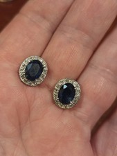 14K White Gold Oval Blue Sapphire Diamond Halo Stud Earrings Maker Mark RY 4.2g