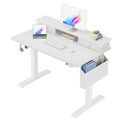 32'' White Electric Sit Stand Desk with Drawers Small Space Home Office