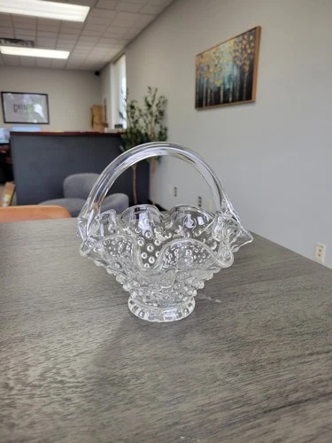 Vintage Fenton Clear Glass Hobnail Basket / Candy Dish with Handle Approx 5.75"