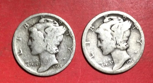 1918D & 1918S US Mercury SILVER Dimes Set of 2! Old US Coins!