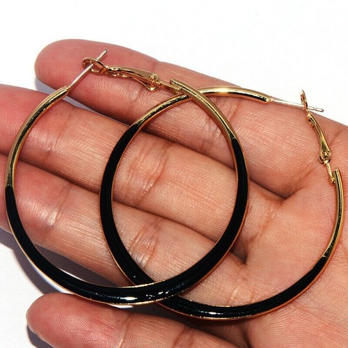 "Increíbles Nuevos Pendientes de Aro Redondos de 2" Enchapados en Oro Amarillo Esmaltado Negro - Imagen 7 de 9