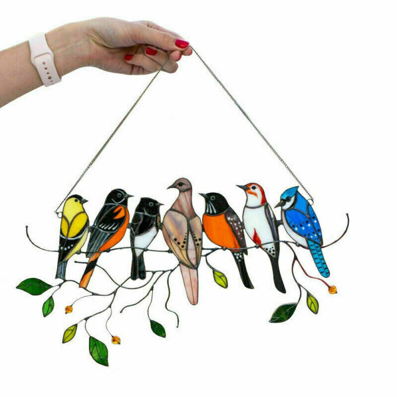 7 Birds Stained Glass Birds on a Wire Window Panel Hanging Hardware