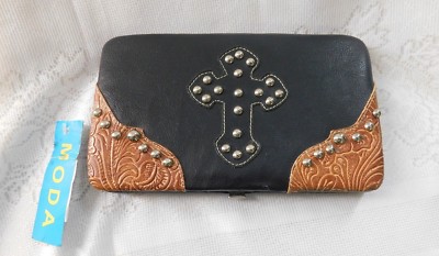 NWT MODA Black & Brown Credit Card/Money Studded Cross Women's Wallet