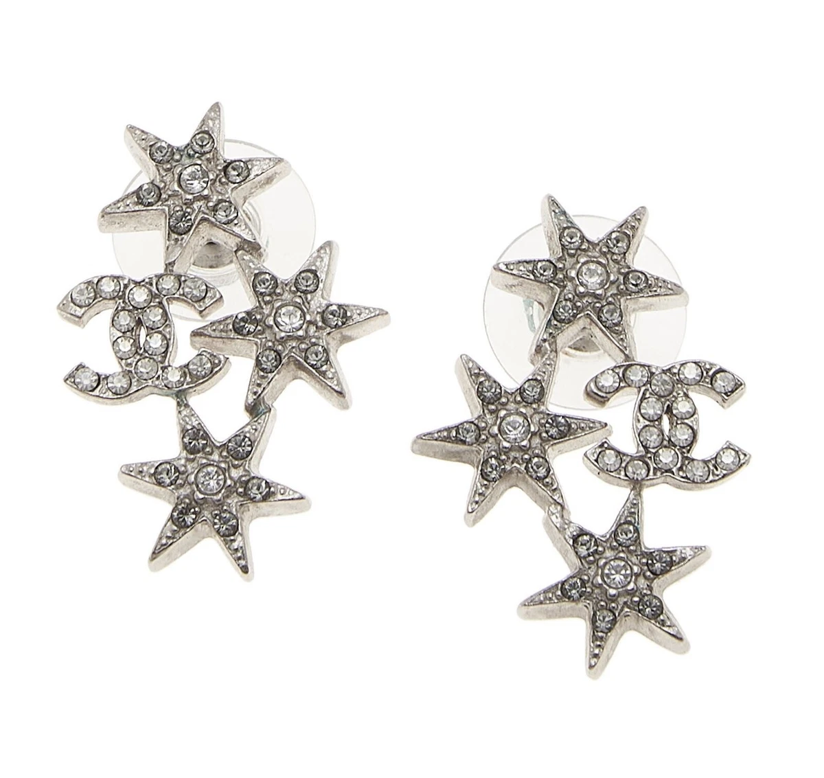 Chanel CC Crystal Silver Tone Stud Earrings Chanel