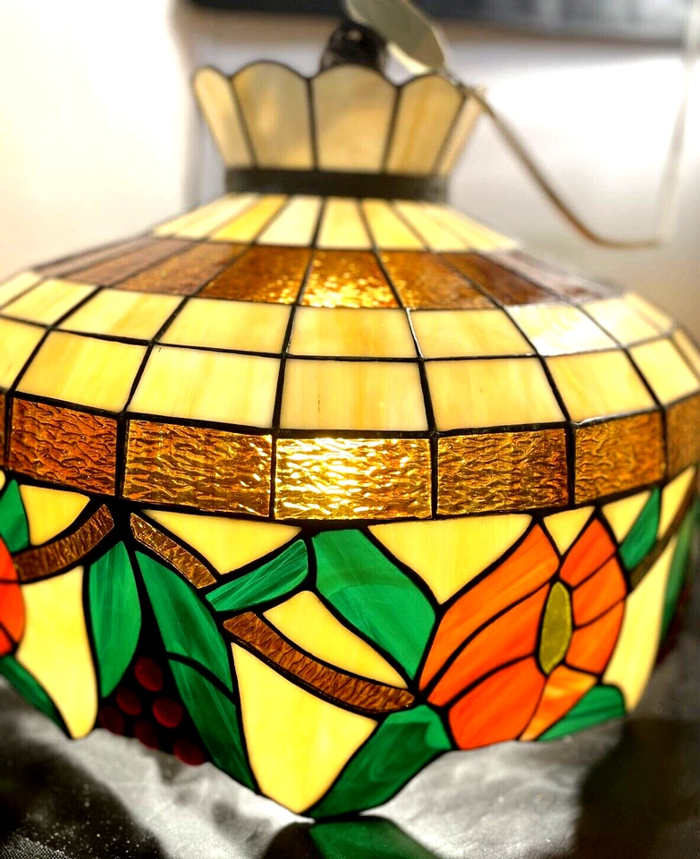 LÁMPARA DE TECHO FLORAL TIFFANY 20 diámetro X 14 IN CON 6 FLORES EN LÁMPARA EX ESTADO Foto 3 de 4