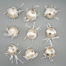 Set of 9 Vtg White Gold Push Pin Bead Sequin Satin Christmas Ornaments Handmade