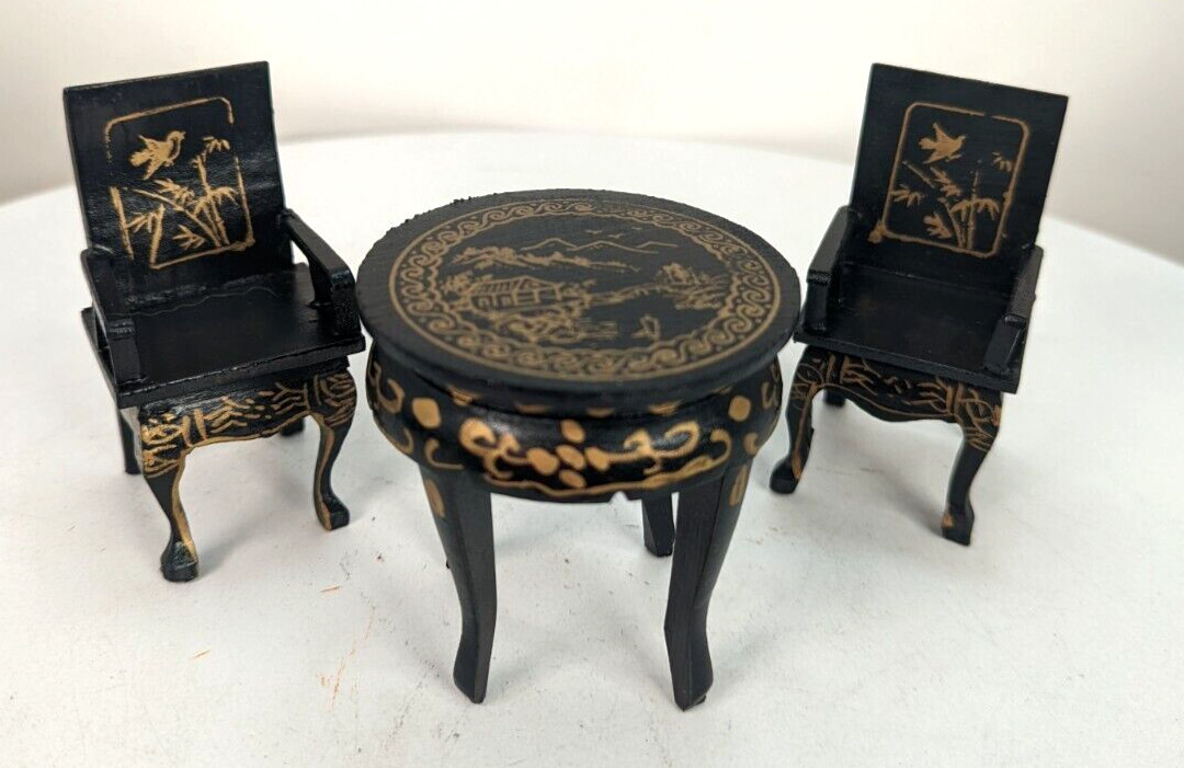 Dollhouse Miniature 3pc Black Lacquer Goldpainted Table Chairs Chinese Furniture
