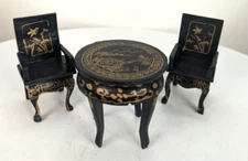 Dollhouse Miniature 3pc Black Lacquer Goldpainted Table Chairs Chinese Furniture