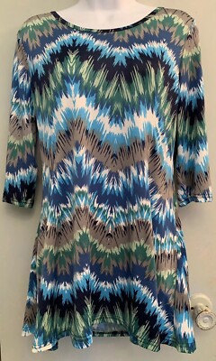 NWTs Simply Aster by Firmiana Size M Graphic Print Dress Blue Green 3/4 Sleeves