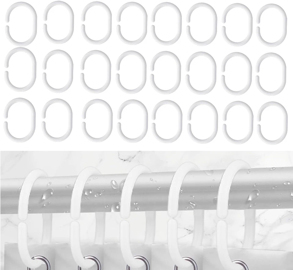 HOMEELABADOR Shower Curtain Hooks Bathroom Plastic Strong Rail Guide Hanger C shape Rings x12
