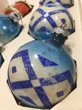 5 Christmas Glass Ornaments FRANKE Made In USA Faux Snow Design Blue White