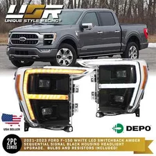 DEPO FULL LED Light Bar DRL +Sequential Turn Signal BLK Headlight For 2021+ F150