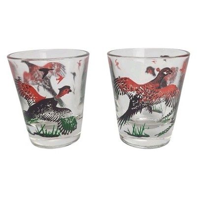 Vintage MCM Set Of 2 Hazel Atlas Glass Pheasant Hunting Shot Glasses
