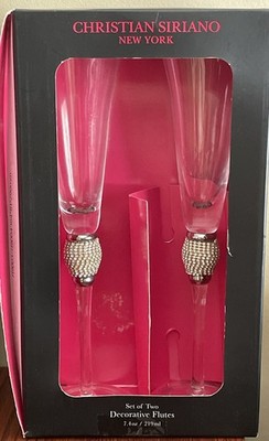 Christian Siriano Gold Rhinestone Champagne Flutes Stemware Gold Trim 2 with Box